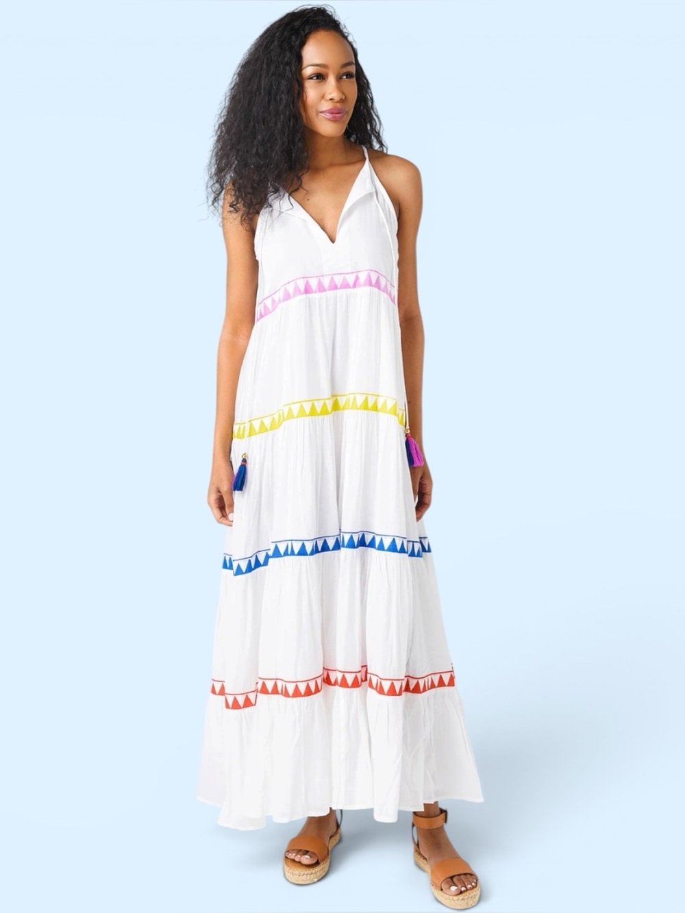 Oliphant Tuckernuck Tiered Maxi Tassel Dress Medium White Cotton Boho‎ Beach